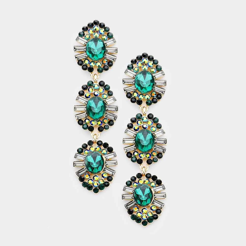 Emerald Triple Drop Crystal Dangle Earrings