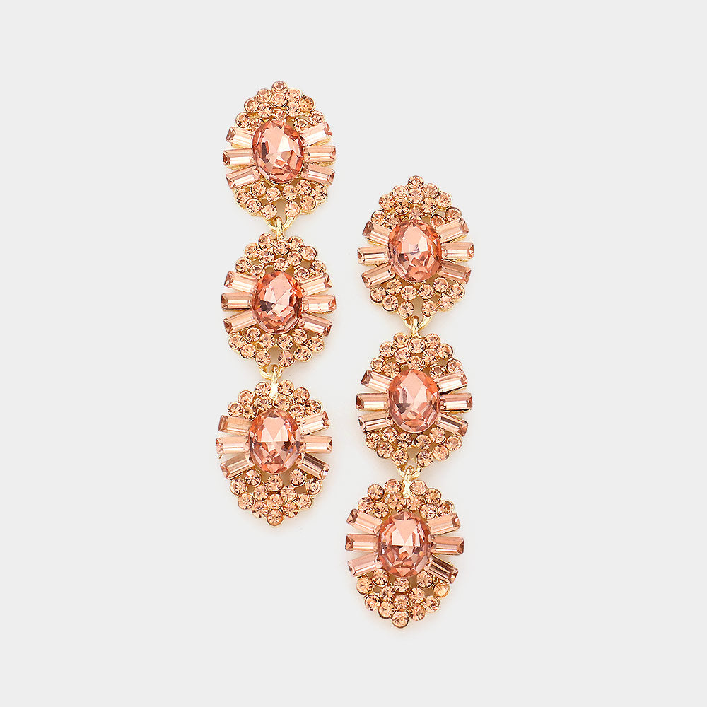 Peach Triple Drop Crystal Dangle Earrings