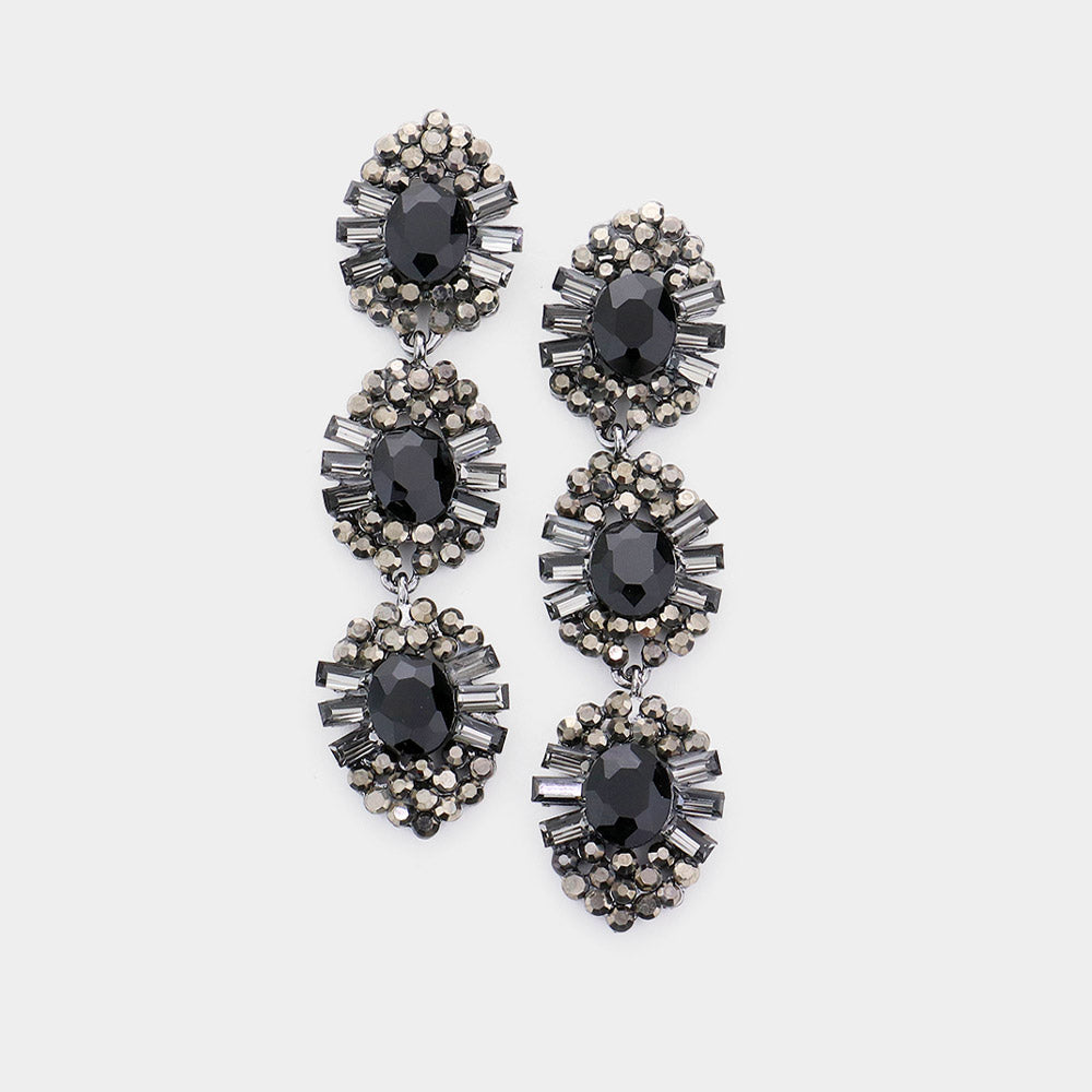 Jet Black Triple Drop Crystal Dangle Earrings on Gun Metal