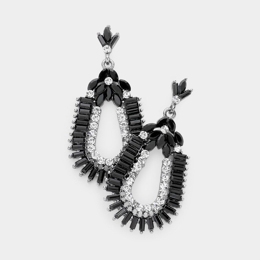 Baguette Cut Jet Black Crystal Rhinestone Pageant Earrings | Prom Earrings
