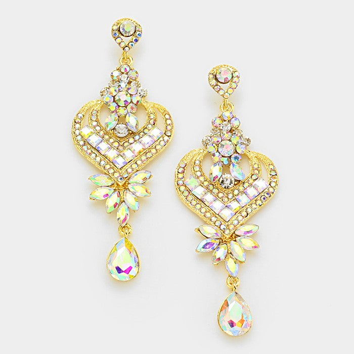 AB Crystal Heart and Teardrop Earrings on Gold