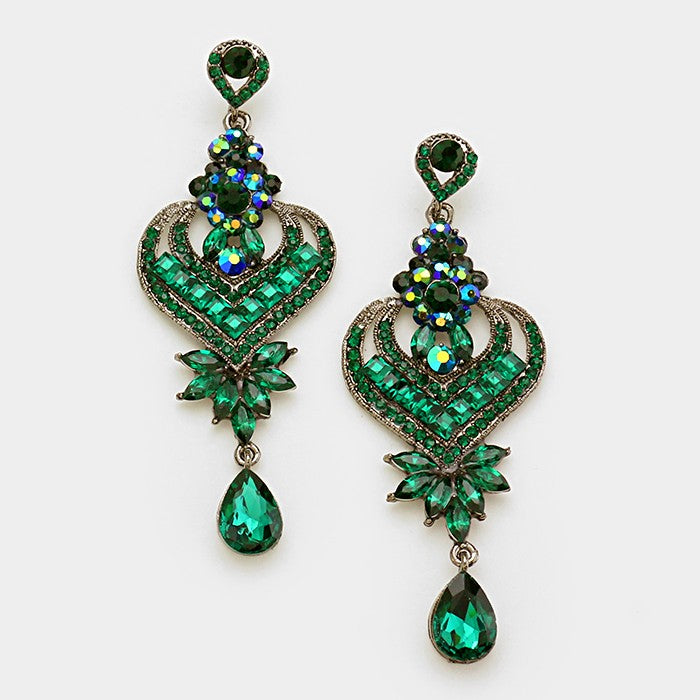 Emerald Crystal Heart and Teardrop Earrings 