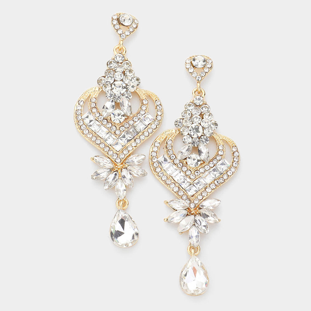 Clear Crystal Heart and Teardrop Earrings on Gold