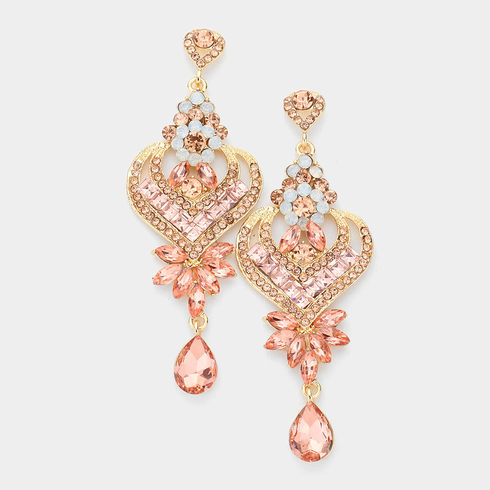 Peach Crystal Heart and Teardrop Earrings 