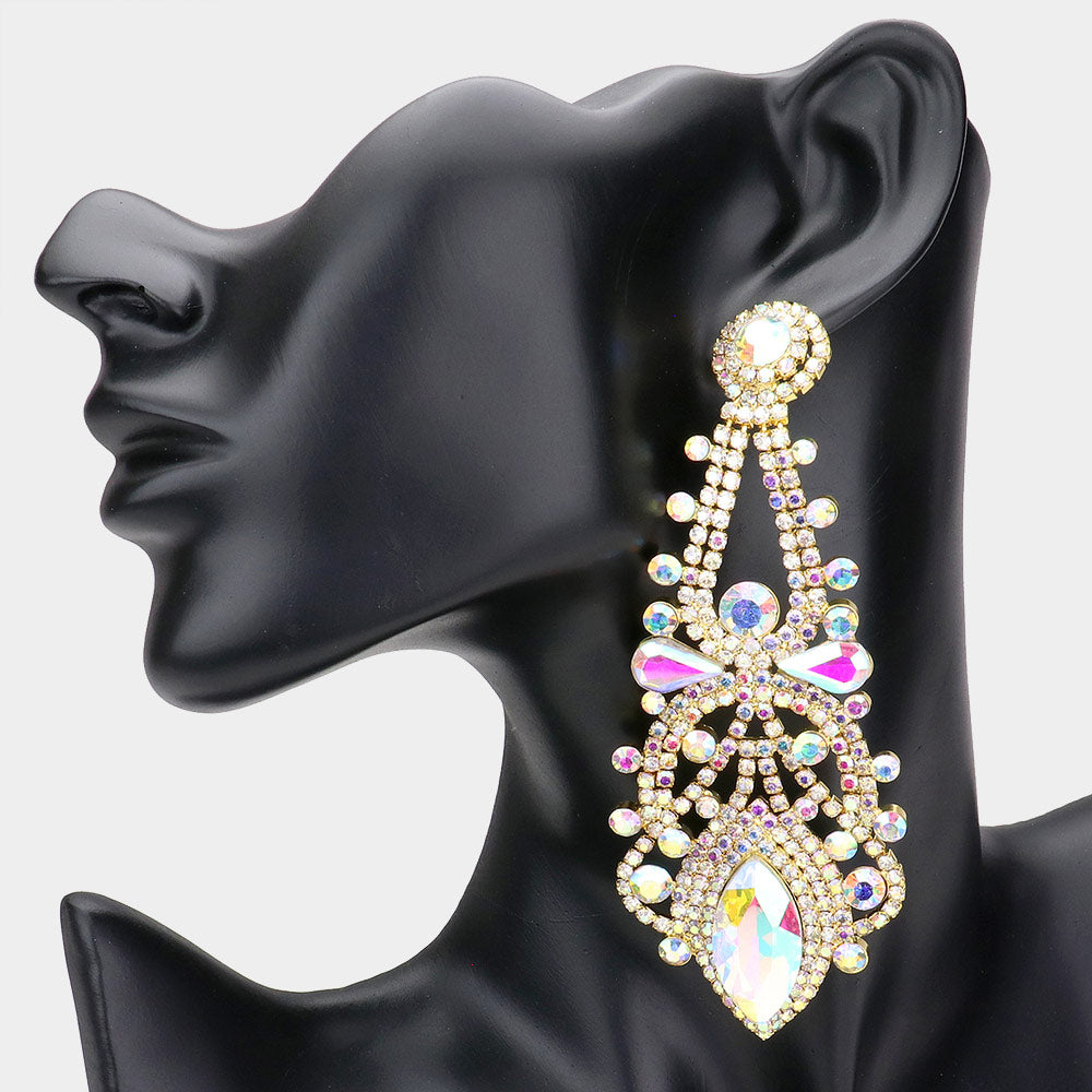 Oversized AB Crystal Marquise Stone Statement Earrings on Gold | Pageant Earrings | 536006