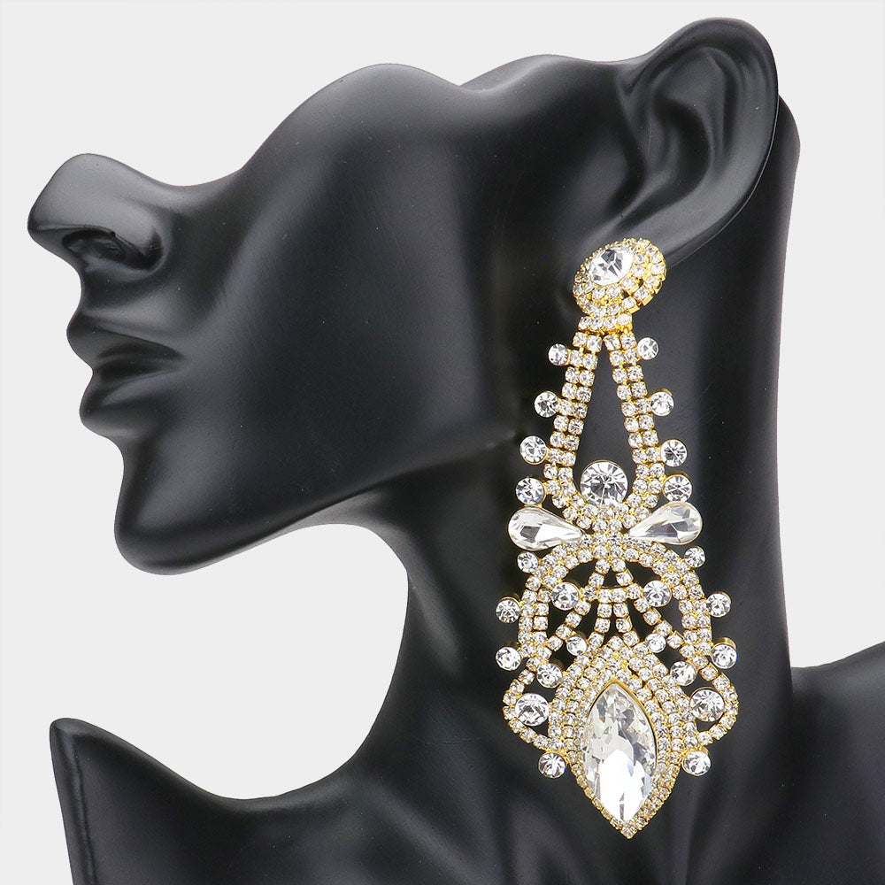 Oversized Clear Crystal Marquise Stone Statement Earrings on Gold | Pageant Earrings | 536005