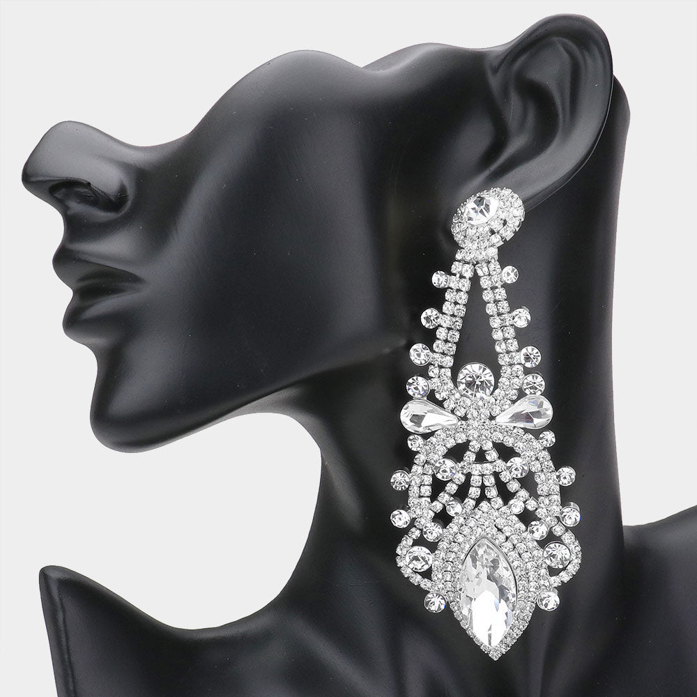 Oversized Clear Crystal Marquise Stone Statement Earrings | Pageant Earrings | 535765