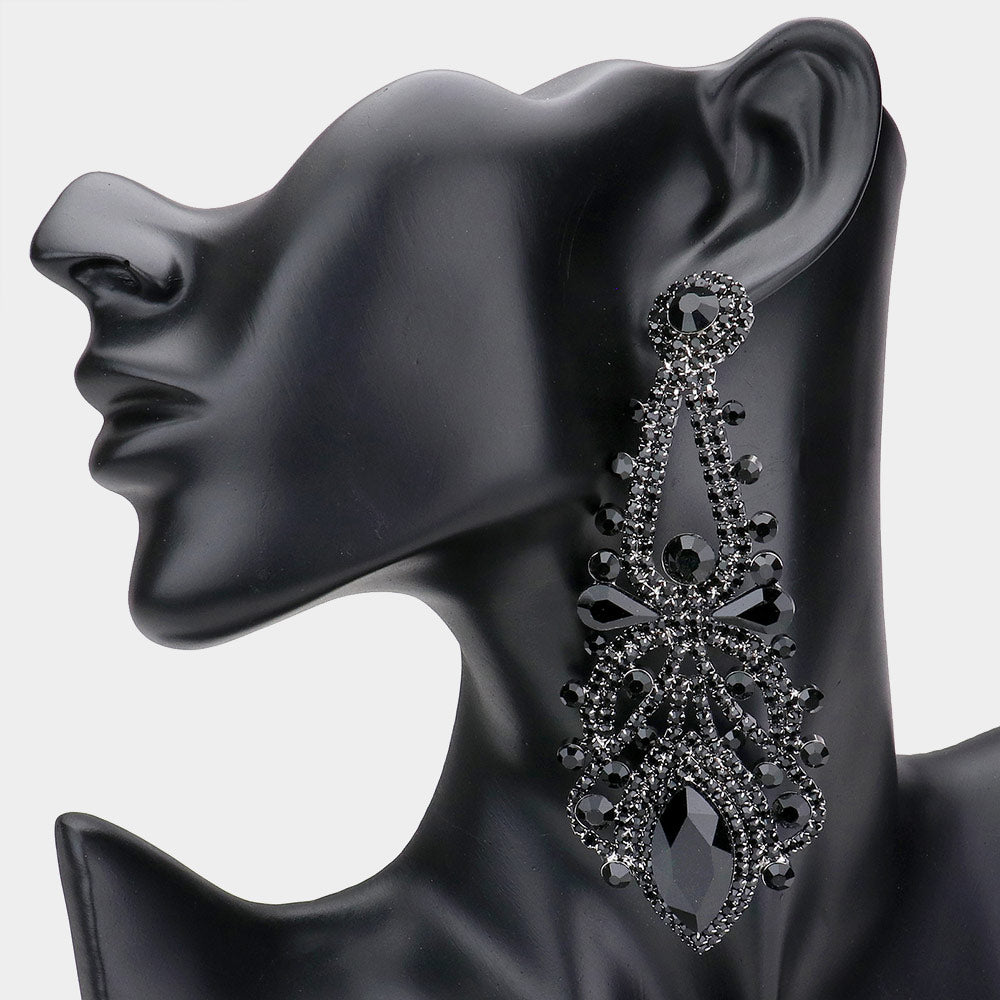 Oversized Jet Black Crystal Marquise Stone Statement Earrings  | Pageant Earrings