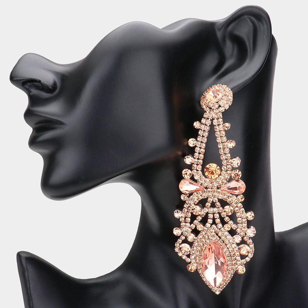 Oversized Peach Crystal Marquise Stone Statement Earrings  | Pageant Earrings