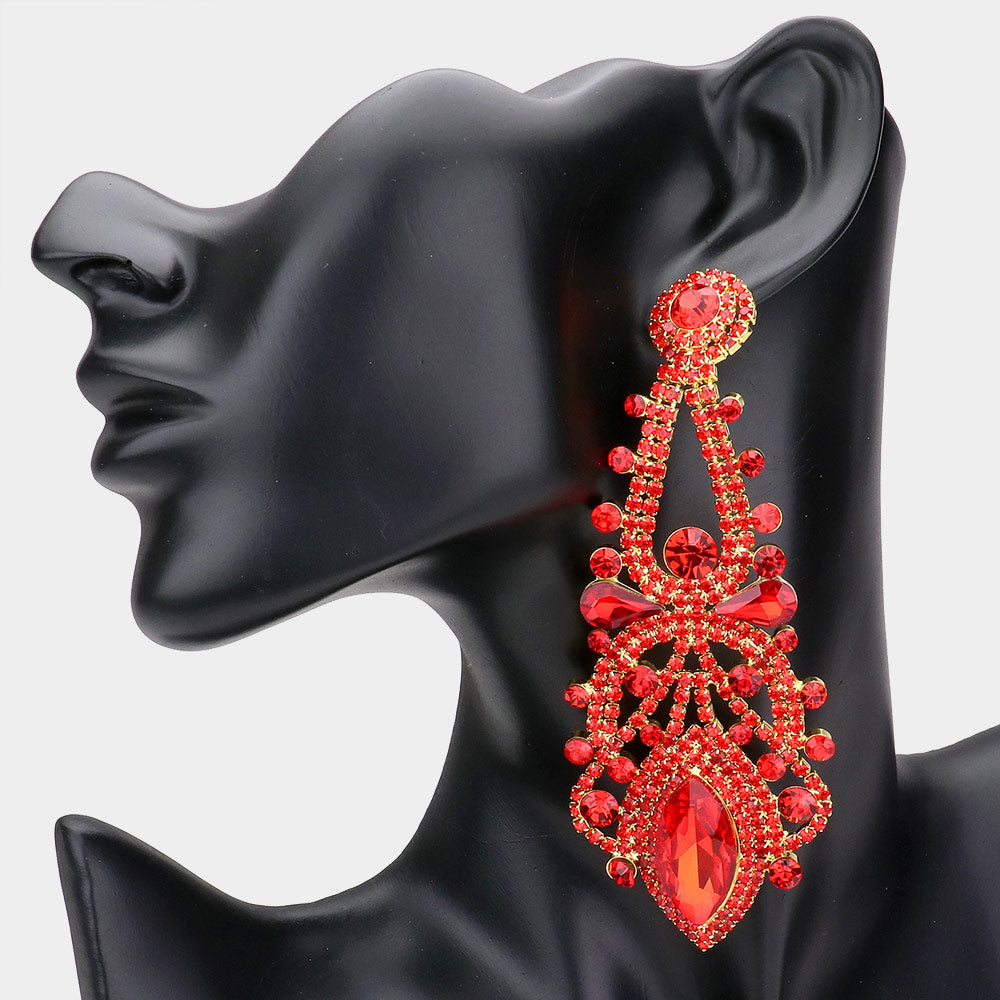 Oversized Red Crystal Marquise Stone Statement Earrings  | Pageant Earrings