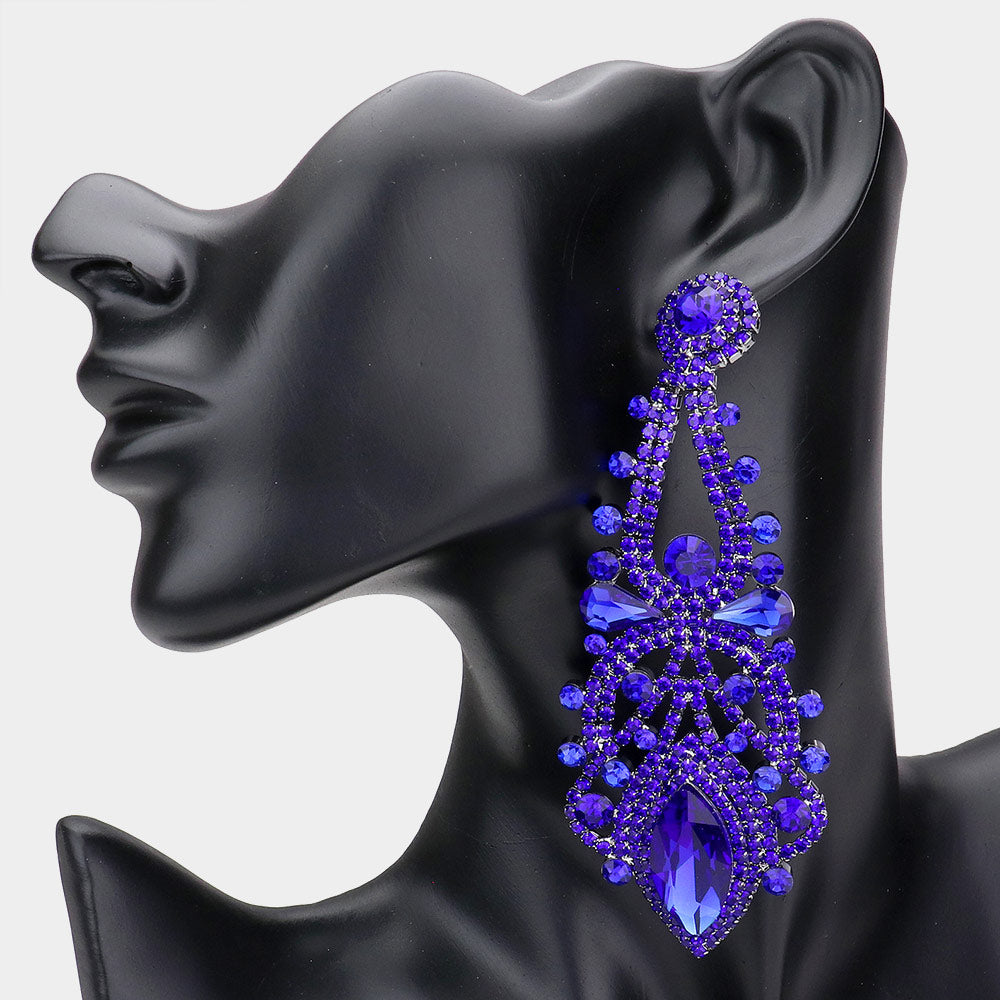 Oversized Royal Blue Crystal Marquise Stone Statement Earrings  | Pageant Earrings