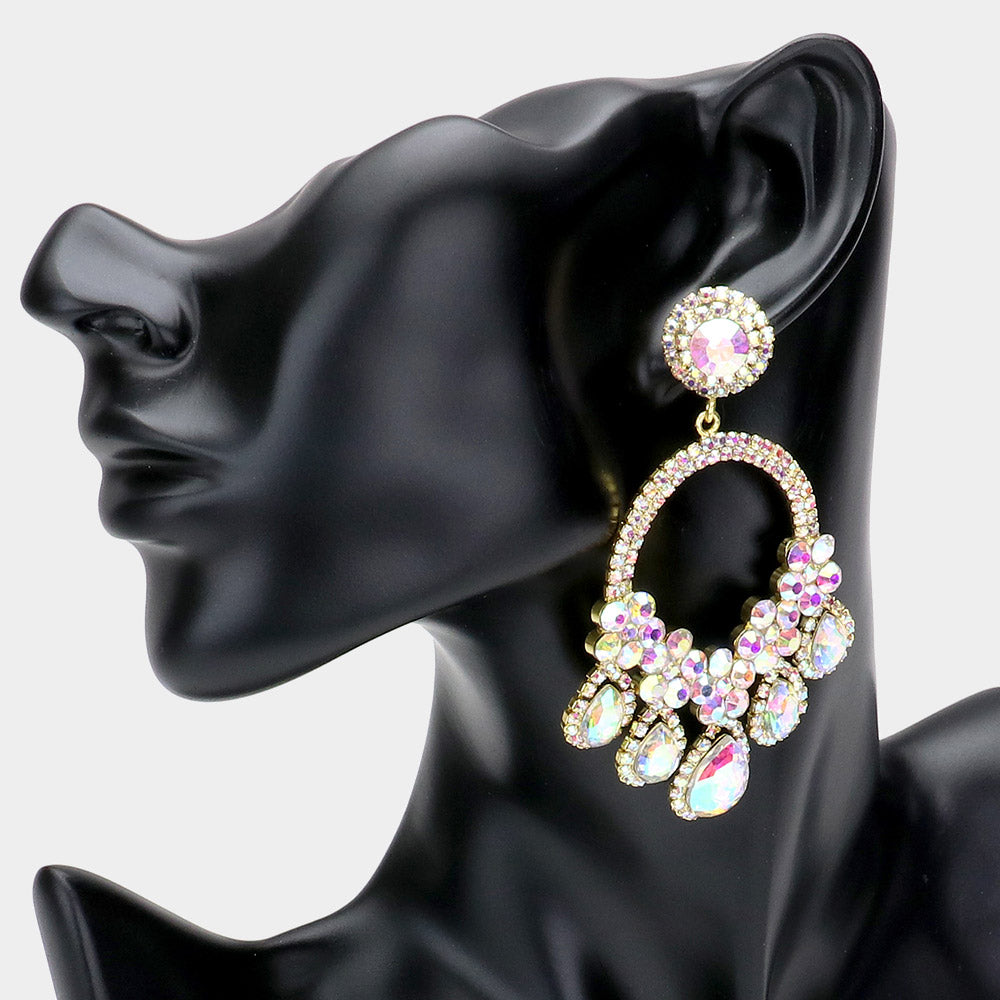 Large AB Crystal Teardrop Open Chandelier Pageant Earrings on Gold | Prom Earrings 