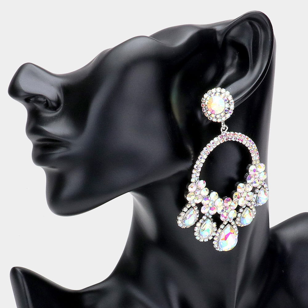 Large AB Crystal Teardrop Open Chandelier Pageant Earrings | Prom Earrings 