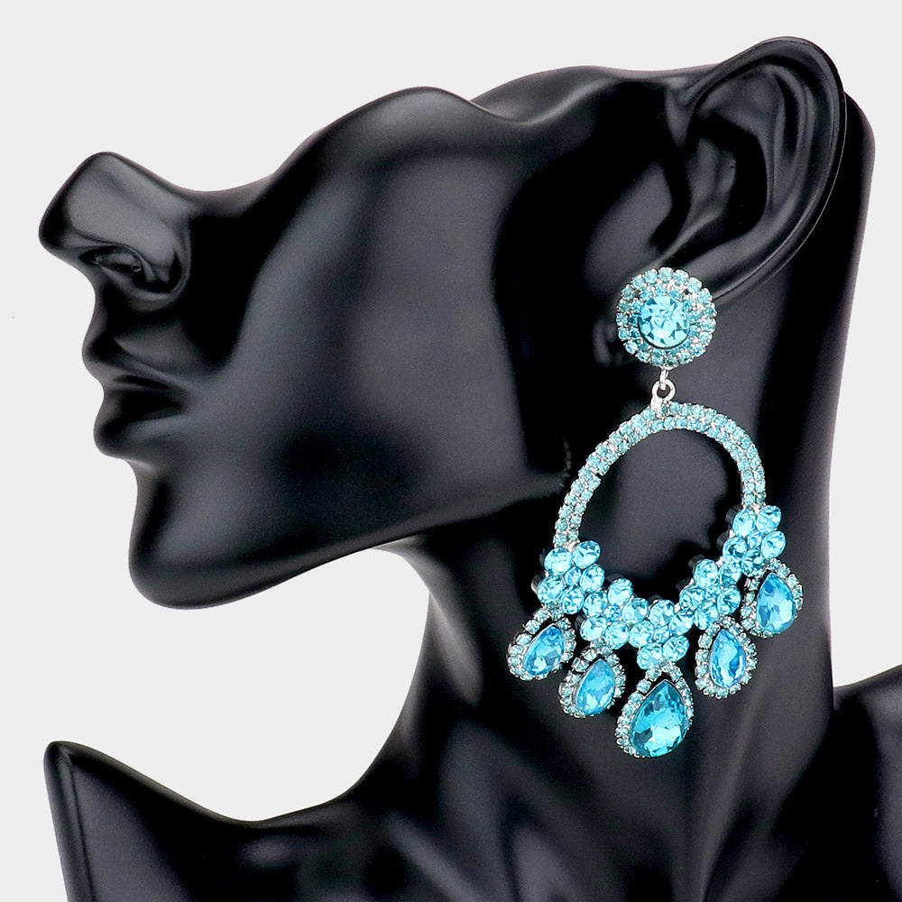 Large Aqua Crystal Teardrop Open Chandelier Pageant Earrings | Prom Earrings