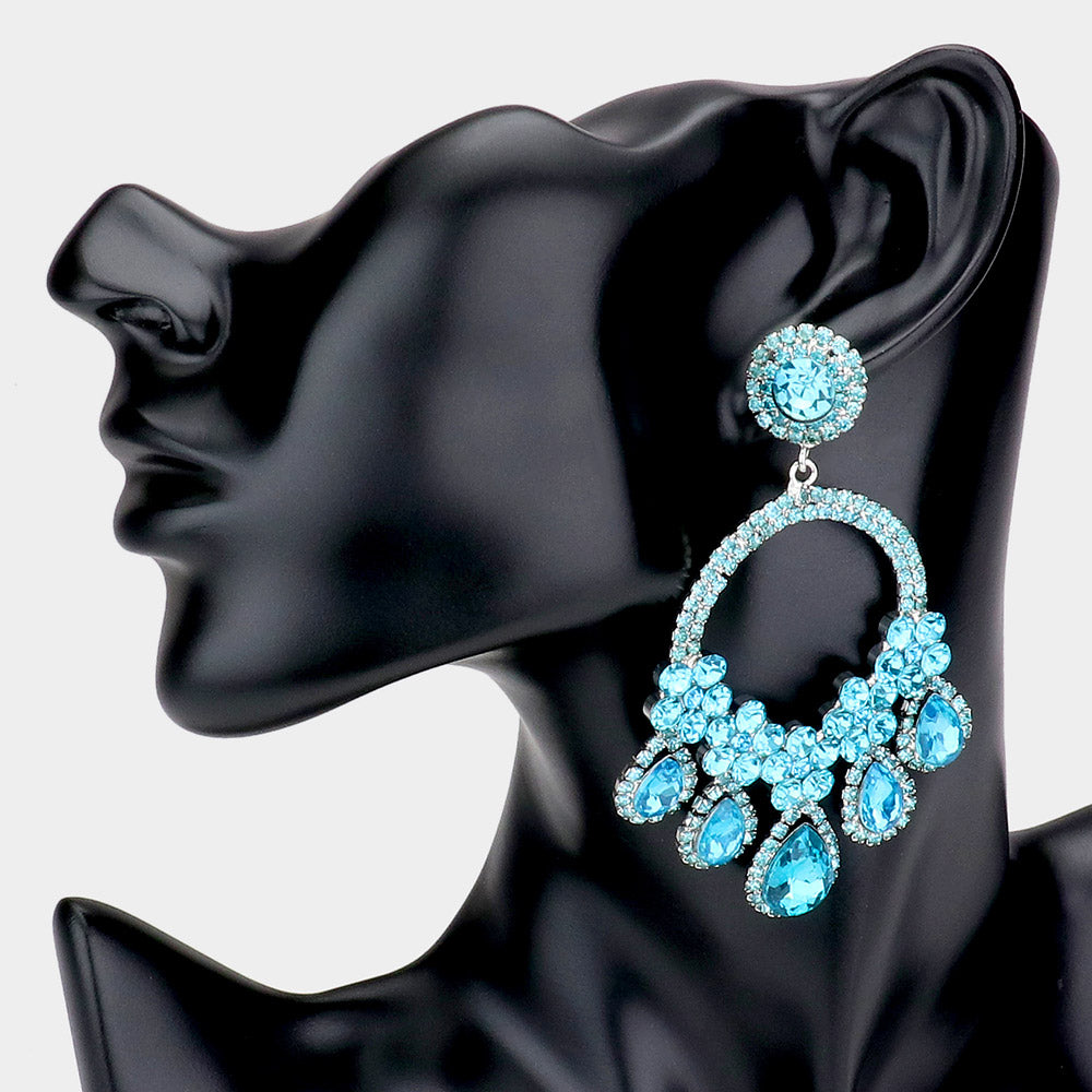 Large Aqua Crystal Teardrop Open Chandelier Pageant Earrings | Prom Earrings 