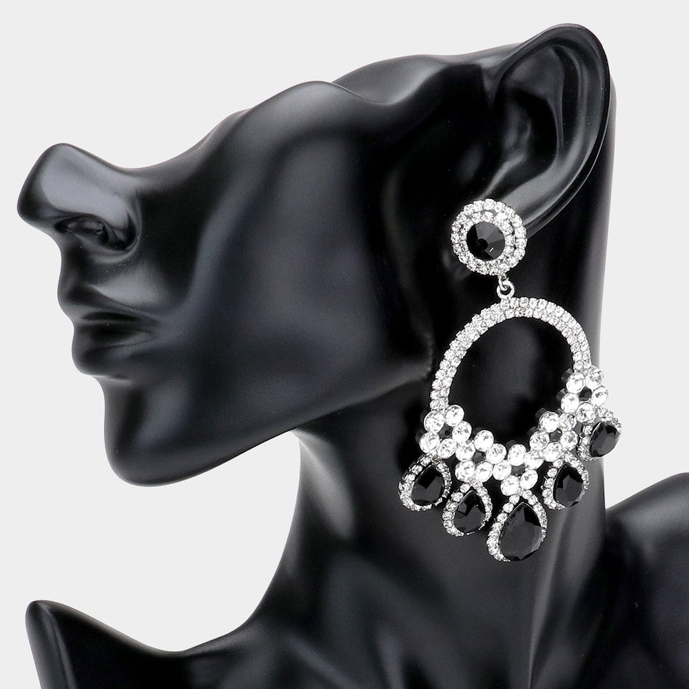 Large Black/Clear Diamond Crystal Teardrop Open Chandelier Pageant Earrings  | Prom Earrings 