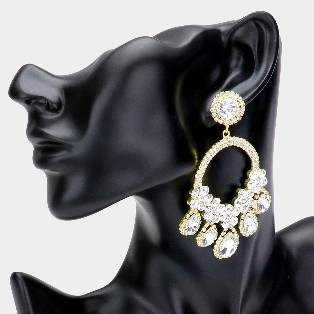 Large Clear Crystal Teardrop Open Chandelier Pageant Earrings on Gold | Prom Earrings 