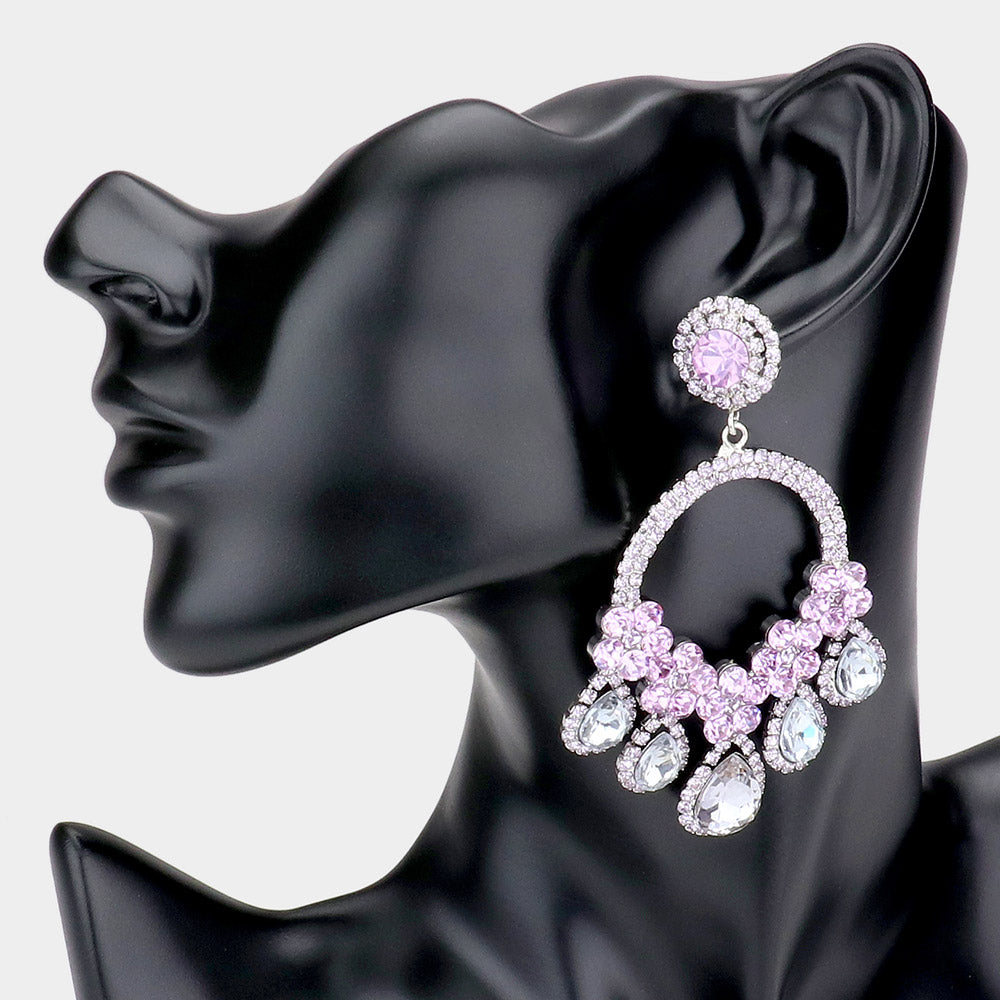Large Lavender Crystal Teardrop Open Chandelier Pageant Earrings | Prom Earrings