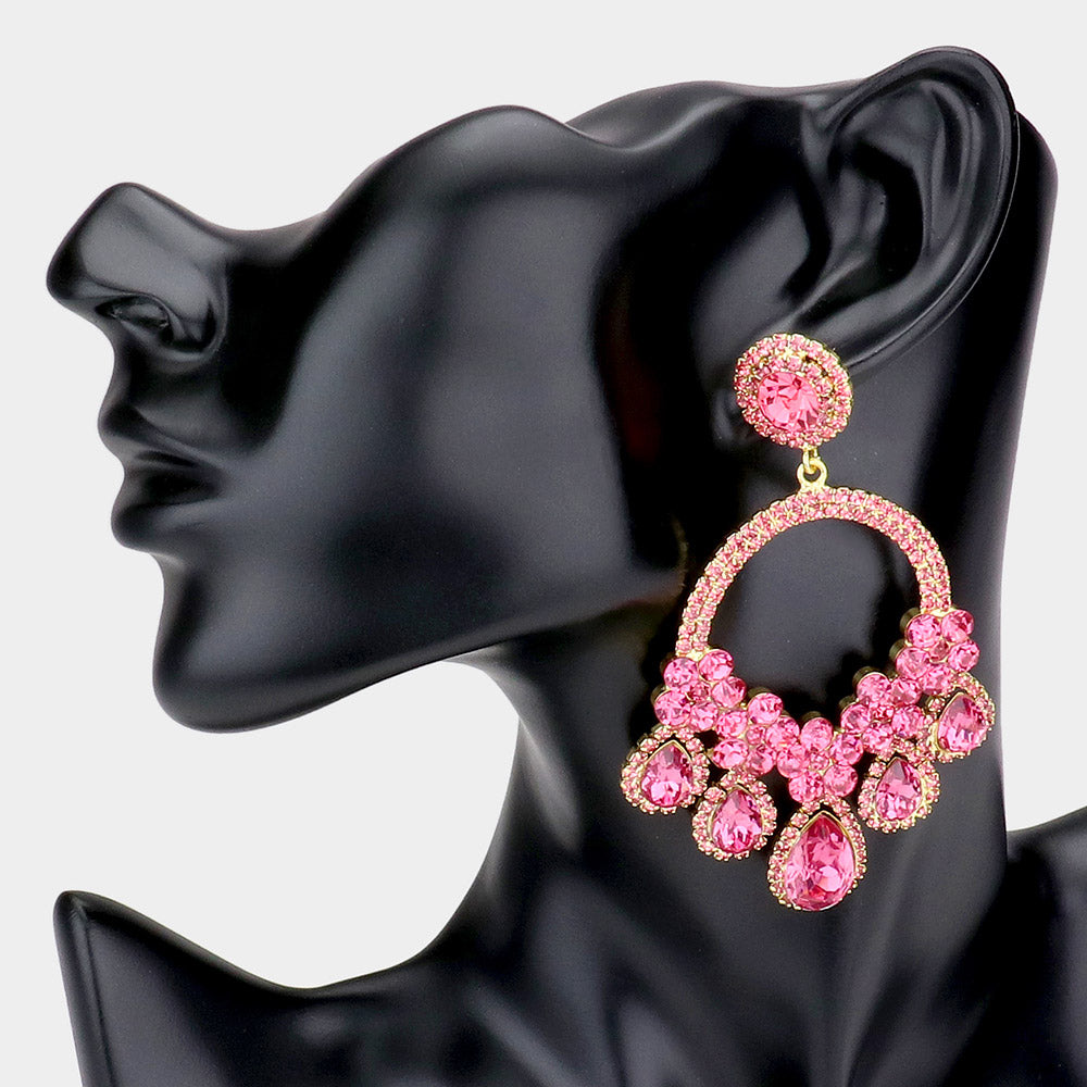 Large Pink Crystal Teardrop Open Chandelier Pageant Earrings | Prom Earrings