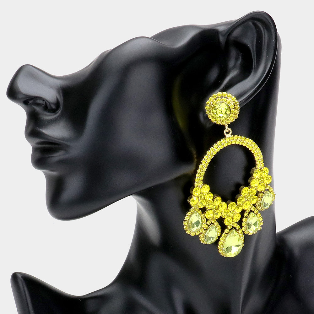 Large Yellow Crystal Teardrop Open Chandelier Pageant Earrings  | Prom Earrings