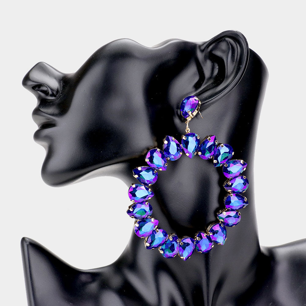Large Blue AB Teardrop Round Pageant Earrings