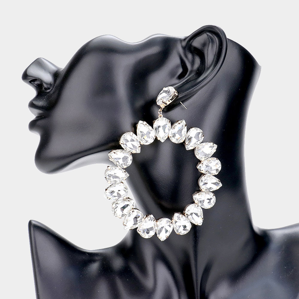 Large Clear Teardrop Round Pageant Earrings on Gold | 466494