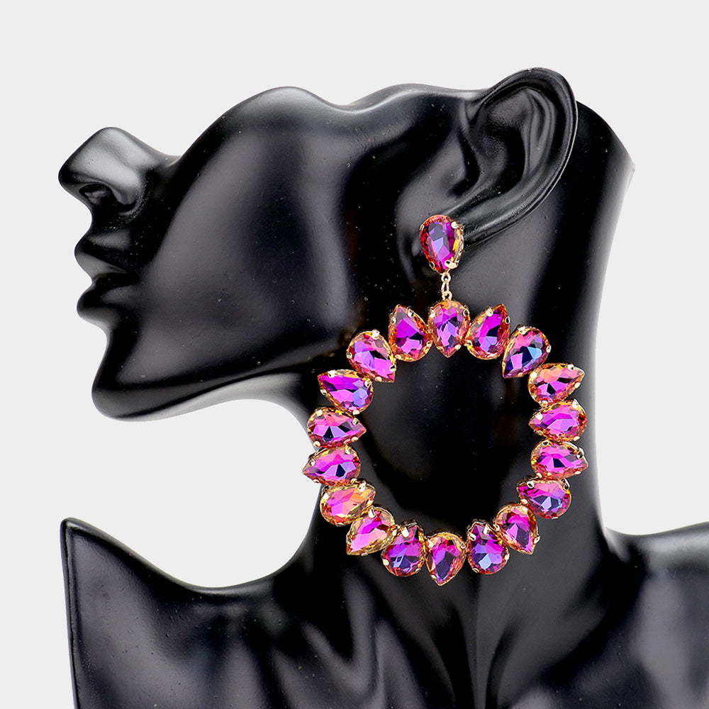 Large Purple Teardrop Round Pageant Earrings on Gold | 447185