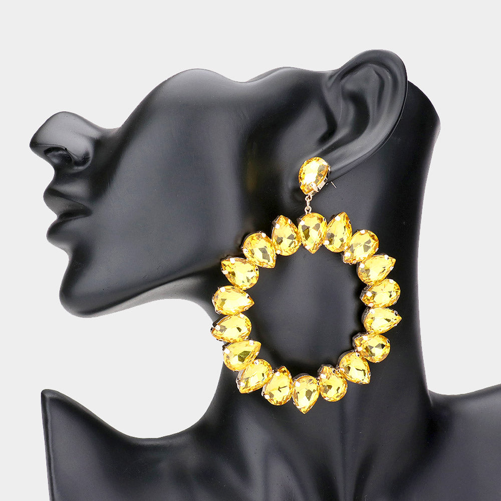Large Yellow Teardrop Round Pageant Earrings