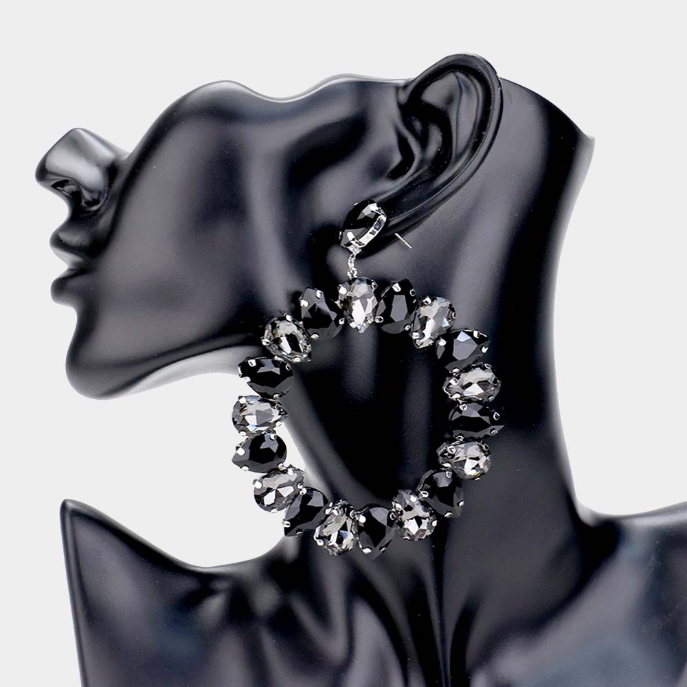Large Black Teardrop Round Pageant Earrings
