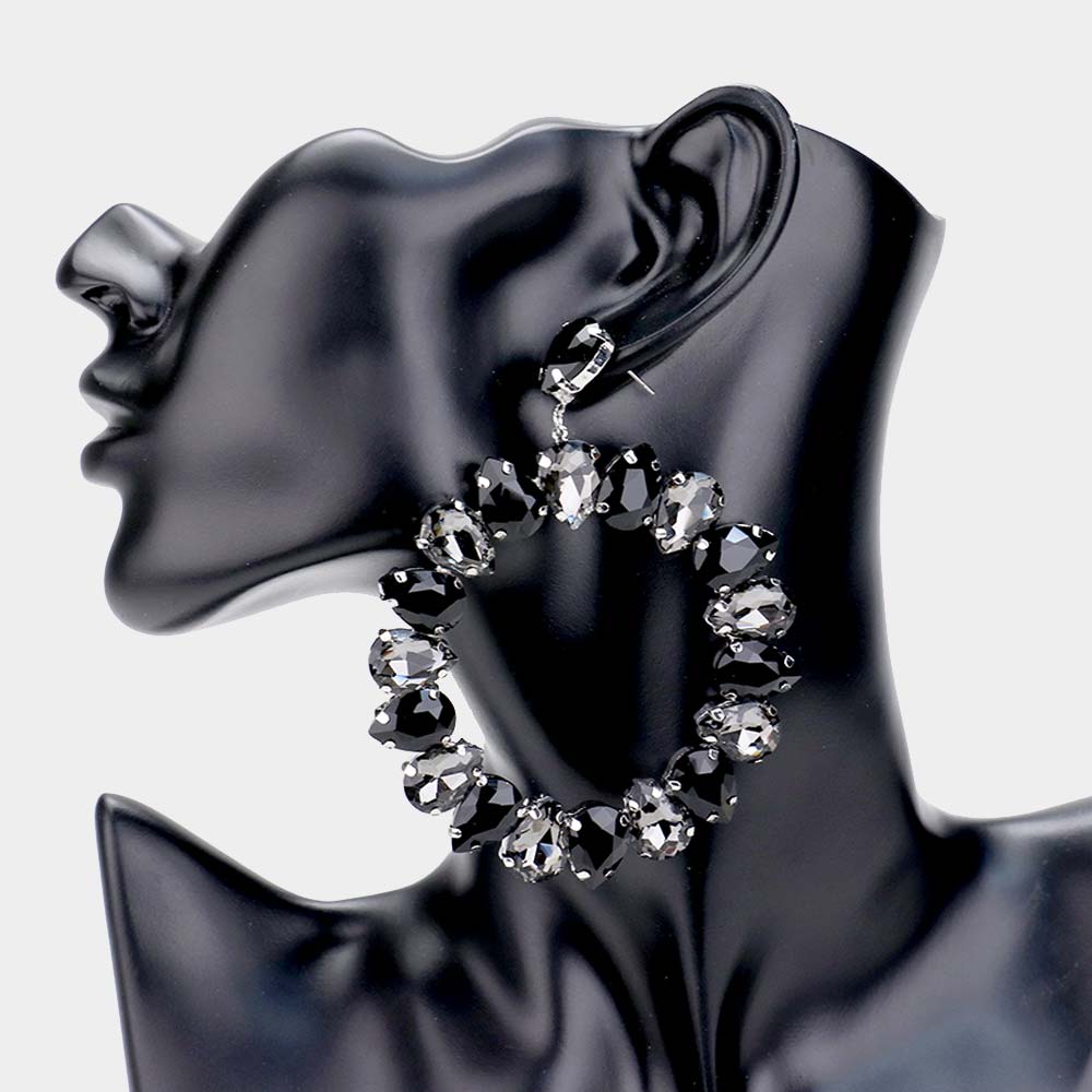 Large Black Teardrop Round Pageant Earrings 