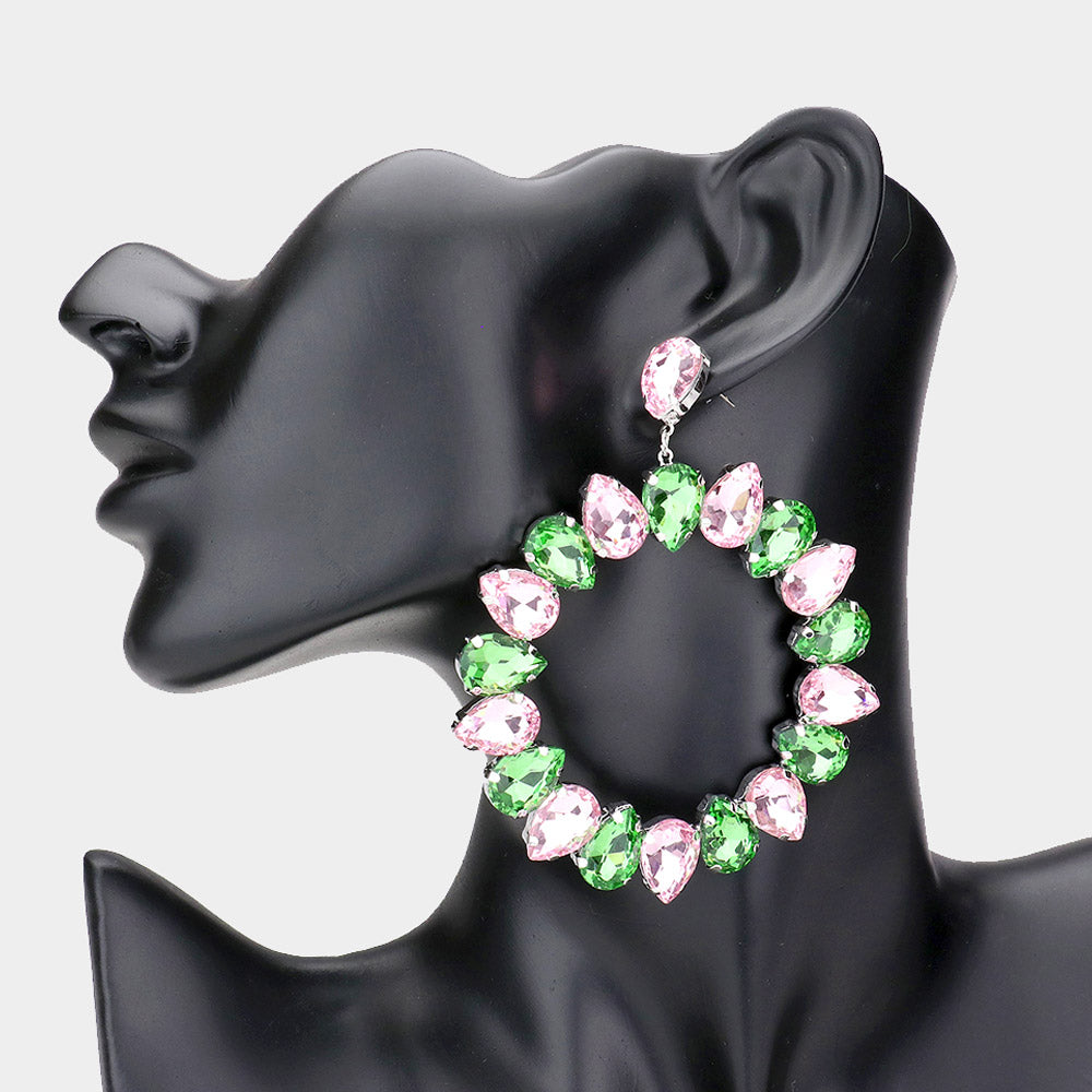 Large Pink & Green Teardrop Round Pageant Earrings