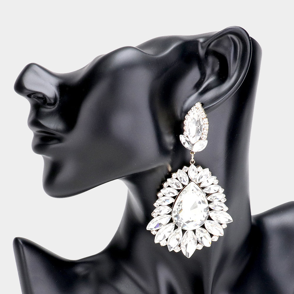 Oversized Clear Crystal Marquise Pageant Earrings | Prom Earrings on Gold