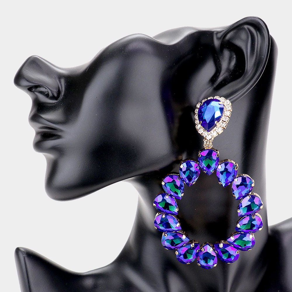 Large Blue AB Crystal Teardrop Hoop Pageant Earrings