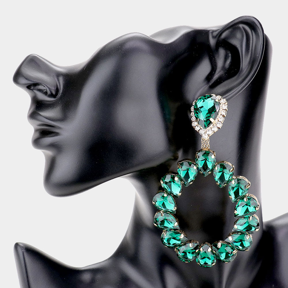 Large Emerald Crystal Teardrop Hoop Pageant Earrings
