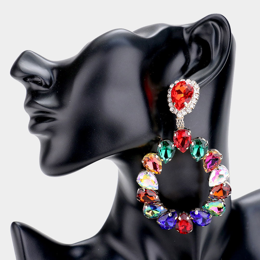 Large Multi-Color Crystal Teardrop Hoop Pageant Earrings