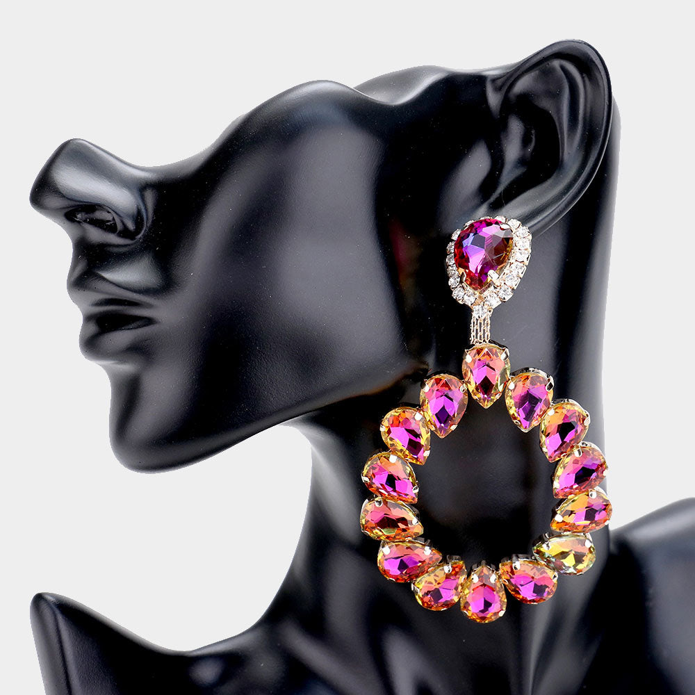 Large Purple Crystal Teardrop Hoop Pageant Earrings