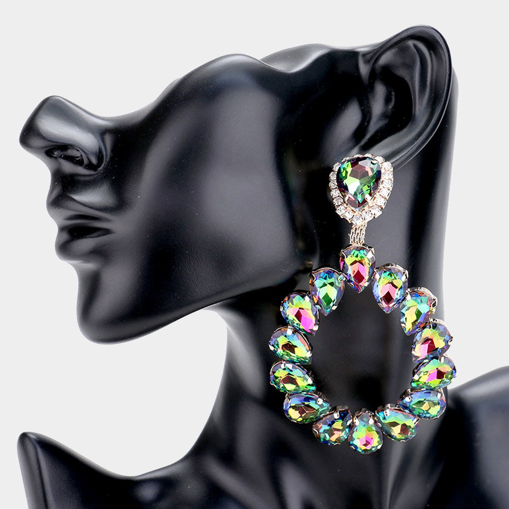 Large Multi-Color Crystal Teardrop Hoop Pageant Earrings