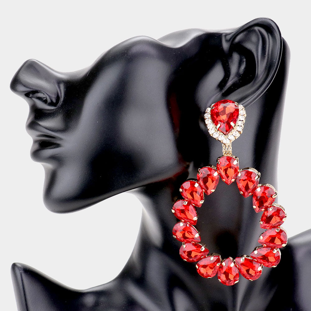 Large Red Crystal Teardrop Hoop Pageant Earrings