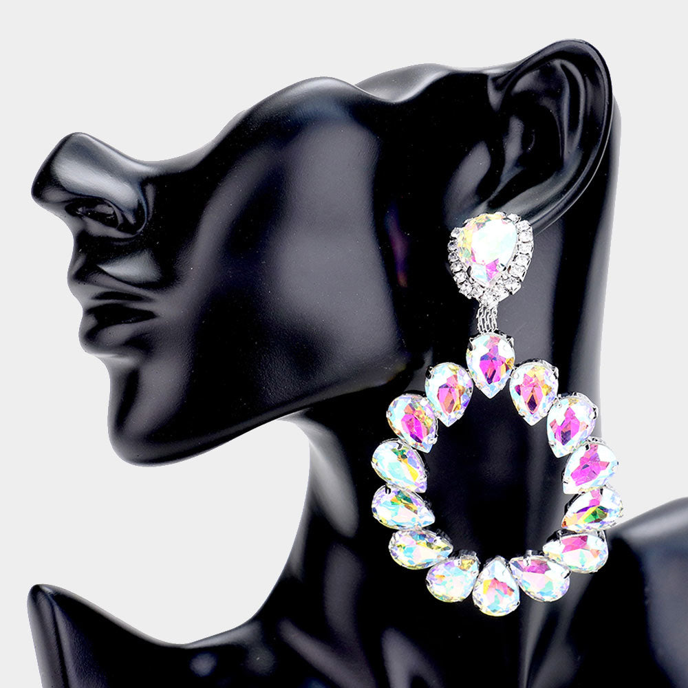 Large AB Crystal Teardrop Hoop Pageant Earrings