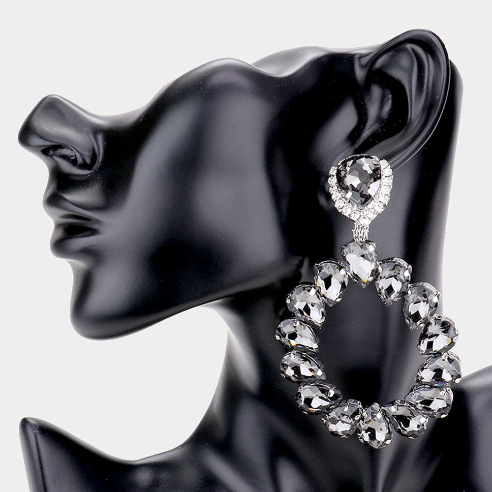 Large Black Diamond Crystal Teardrop Hoop Pageant Earrings