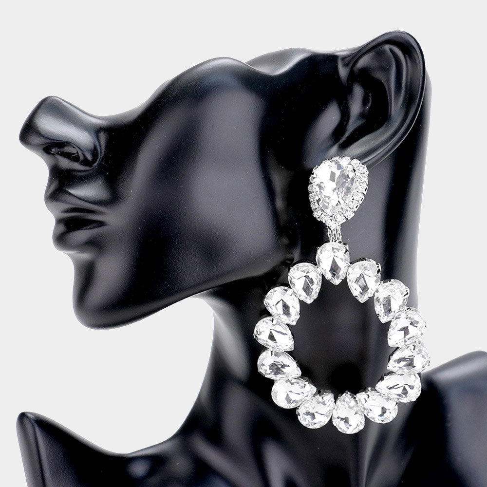 Large Clear Crystal Teardrop Hoop Pageant Earrings