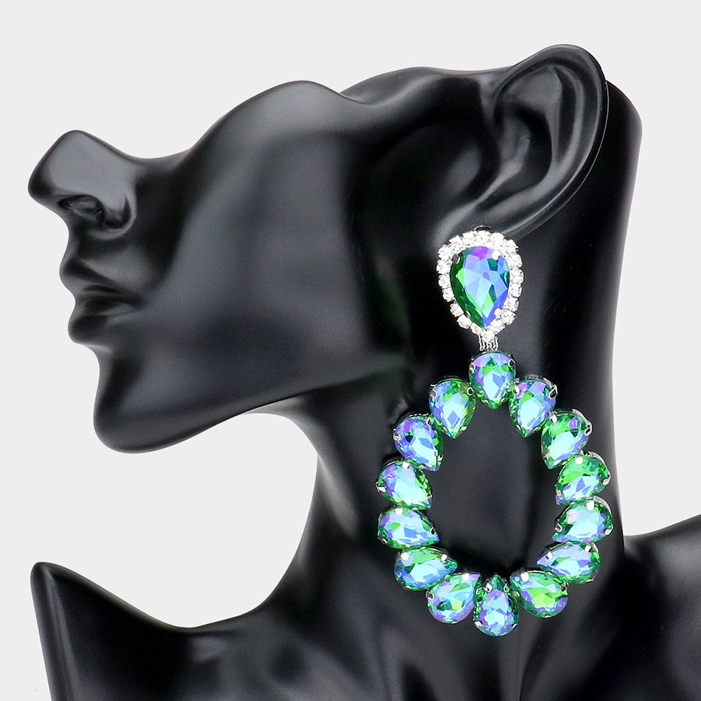 Large Multi-Color Crystal Teardrop Hoop Pageant Earrings  | 510262