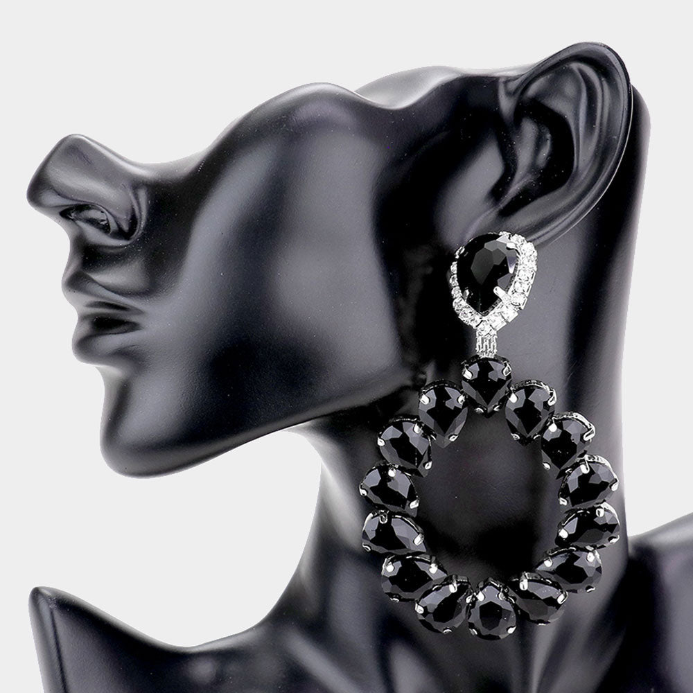 Large Jet Black Crystal Teardrop Hoop Pageant Earrings