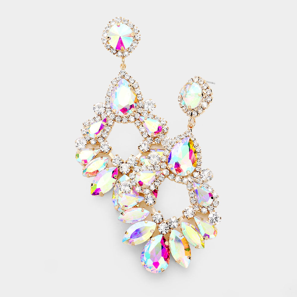 Large AB Crystal Teardrop Chandelier Earrings on Gold