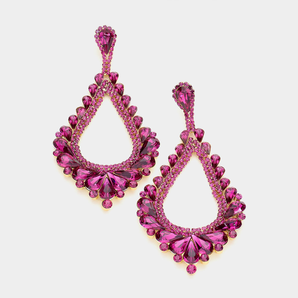 Oversized Cut Out Fuchsia Crystal Teardrop Earrings