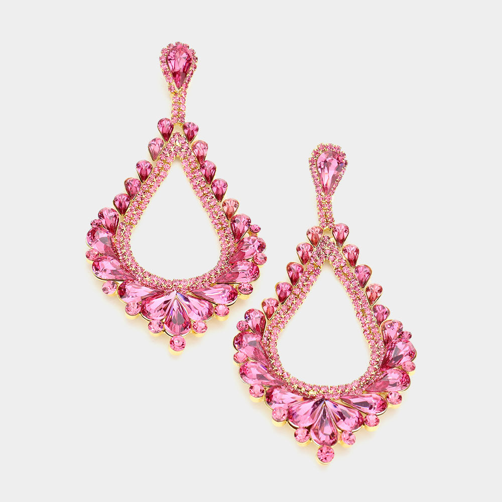Oversized Cut Out Pink Crystal Teardrop Earrings