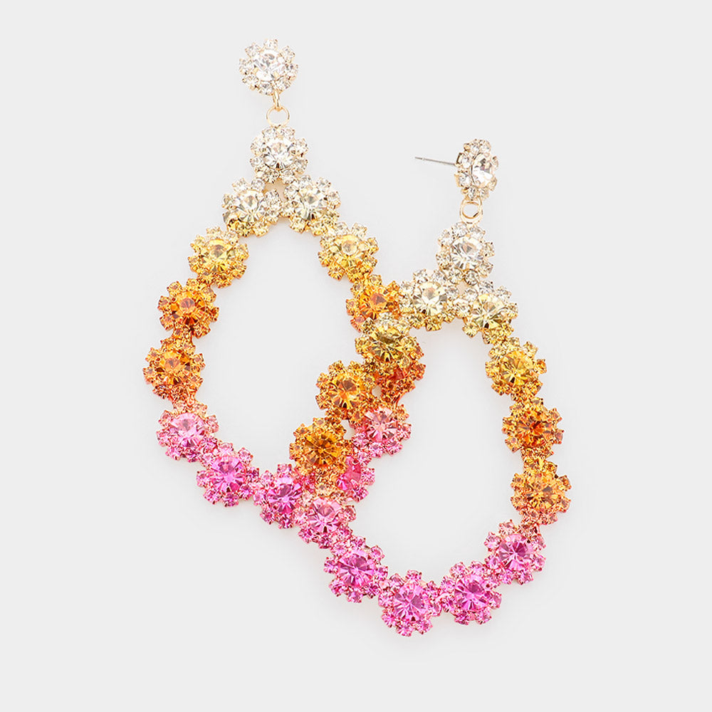 Crystal Open Teardrop Ombre Orange to Pink Pageant Earrings
