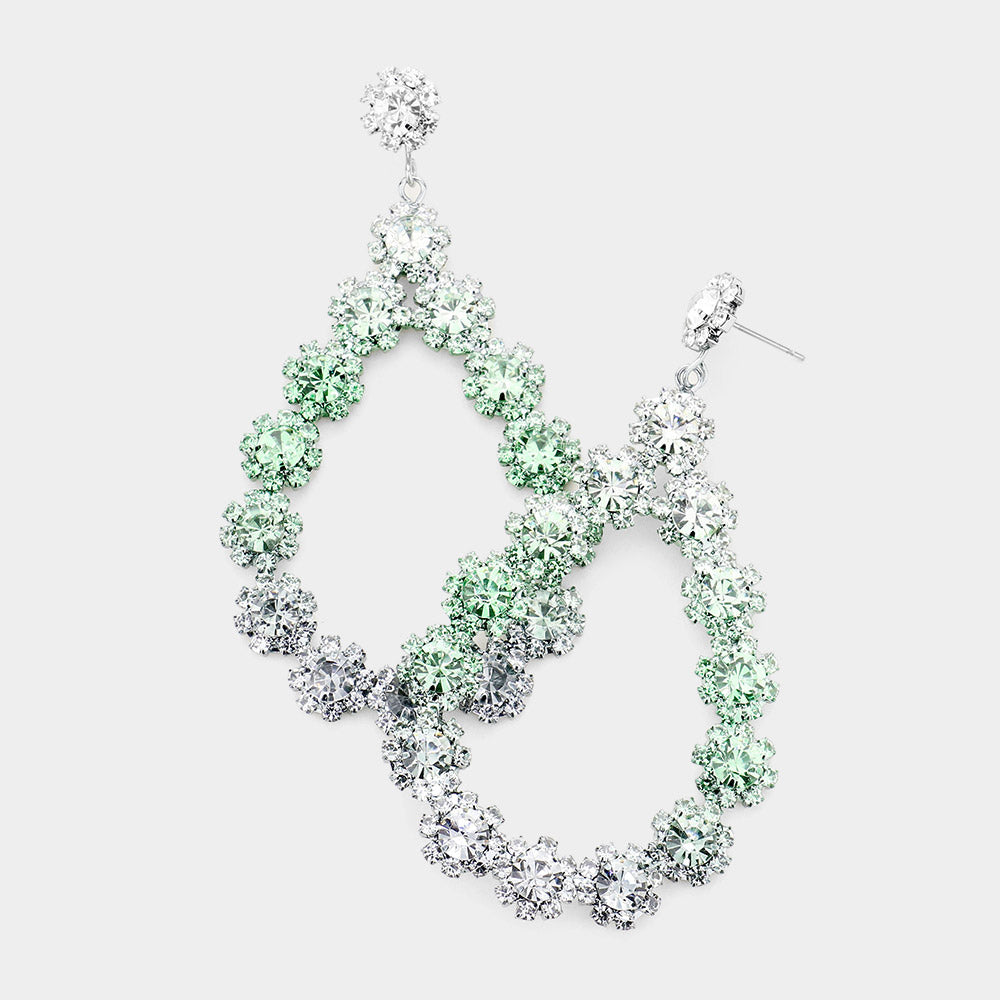 Crystal Open Teardrop Ombre Green to Silver Pageant Earrings