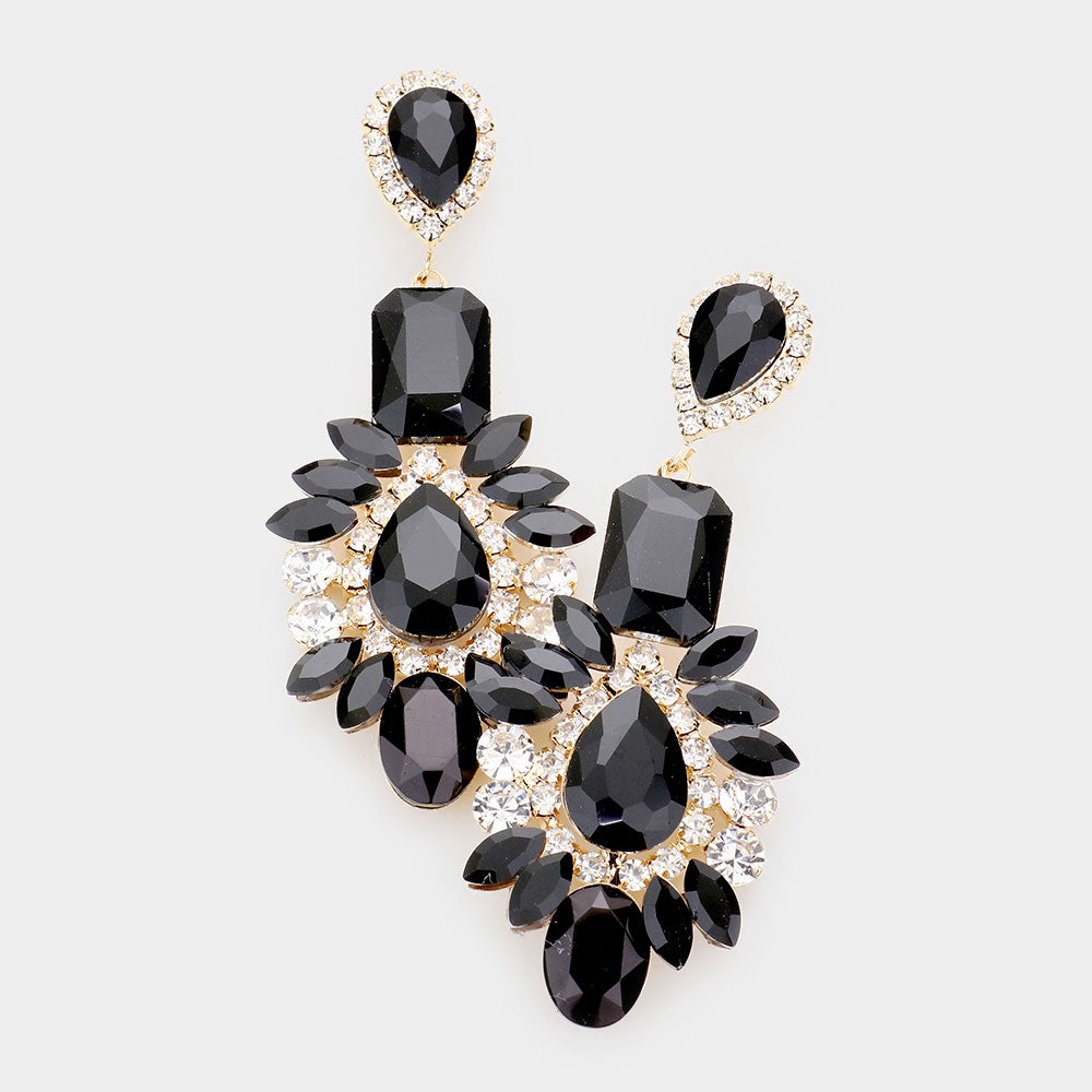 Jet Black Crystal Multi Stone Chandelier Earrings