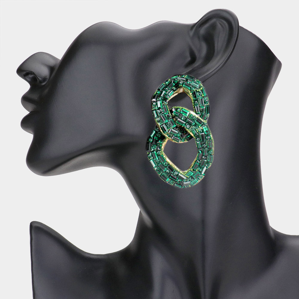 Emerald Crystal Stone Link Fun Fashion Earrings on Gold | Pageant Earrings